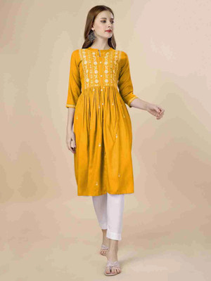 WORLD SHIGO Women Embroidered A-line Kurta(Yellow)
