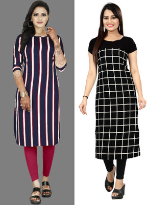 maruti fab Women Striped A-line Kurta(Black, Purple)
