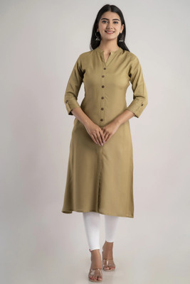 Rangrez Women Solid, Printed Straight Kurta(Beige)