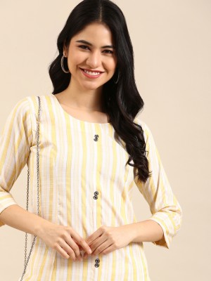 Showoff Women Striped Straight Kurta(Yellow, White)