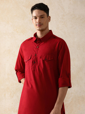 Moara Men Solid Pathani Kurta(Red)