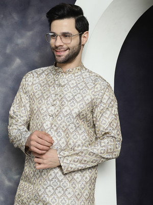 ANOUK Men Printed Straight Kurta(Beige)