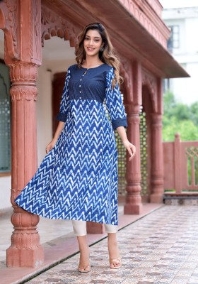 Yash Gallery Women Printed A-line Kurta(Blue)