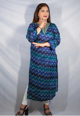 HH FASHIONS Women Printed A-line Kurta(Blue)