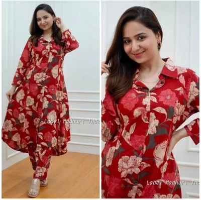 YARNSTITCH Women Printed Flared Kurta(Maroon)