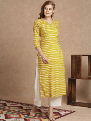 Ethnic Lady Women Printed Straight Kurta(Yellow)