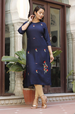 Mehsoos Fashion Women Printed Straight Kurta(Dark Blue)