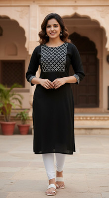 YATEXTILES Women Solid, Geometric Print, Embroidered Straight Kurta(Black)