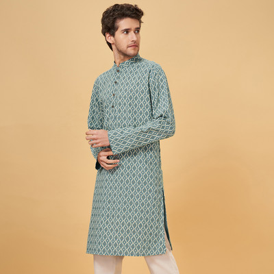 Indus Route by Pantaloons Men Printed Straight Kurta(Blue)