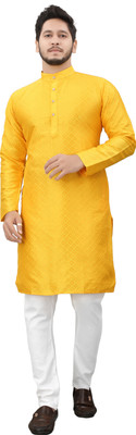 More & More Men Self Design Straight Kurta(Yellow)
