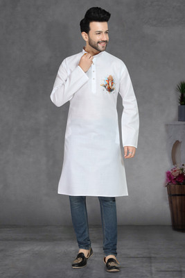 Owlsky Men Printed Straight Kurta(White)