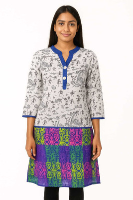 Coolordrops Women Tribal, Colorblock, Geometric Print, Printed A-line Kurta(White)