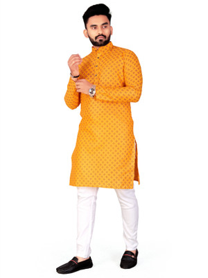 FRELURO Men Printed Straight Kurta(Yellow)