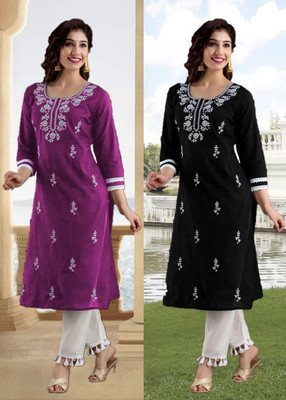 vikshi Women Chikan Embroidery A-line Kurta(Multicolor)