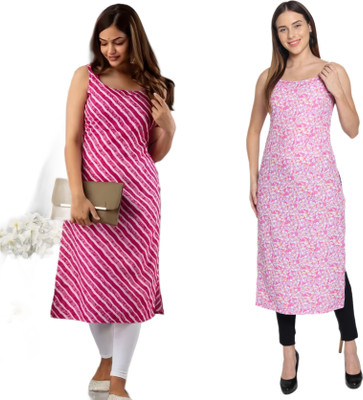 KAUTAQI Women Printed Straight Kurta(Pink)