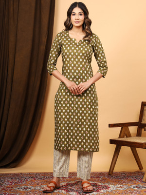 avyaclothing Women Geometric Print Straight Kurta(Dark Green)