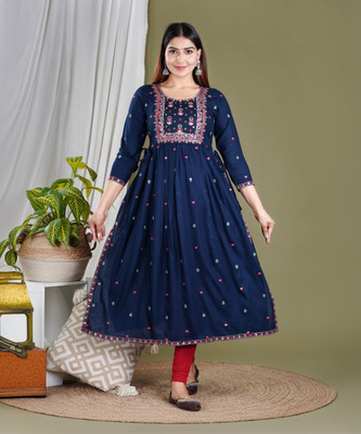P PRIYA FASHION Women Embroidered Flared Kurta(Blue)