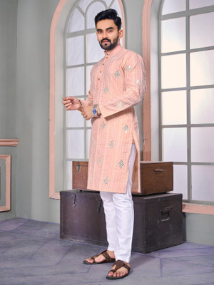 FOXDX Men Embroidered Straight Kurta(Pink)