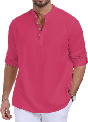 HouseOfCommon Men Solid Straight Kurta(Pink)