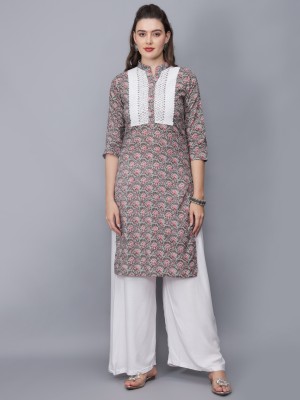 etraana Women Floral Print A-line Kurta(Grey)