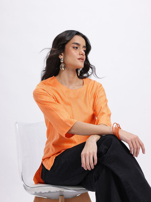 Anouk Rustic Women Striped Straight Kurta(Orange)