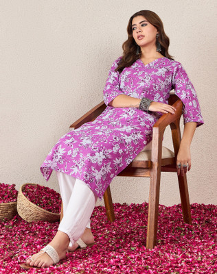 Skylee Women Printed Straight Kurta(Purple, White)
