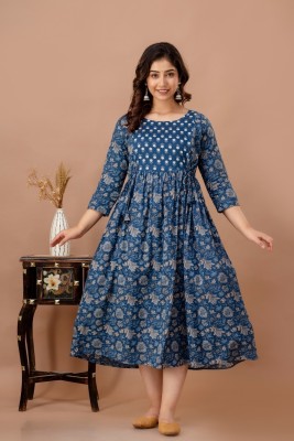 PIROKI Women Printed Anarkali Kurta(Blue)