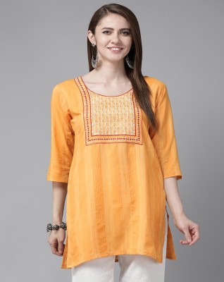 MUHURATAM Women Embroidered Straight Kurta(Yellow)