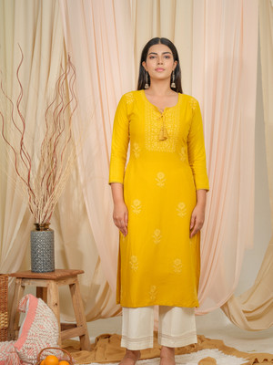 D W APPARELS Women Embroidered Straight Kurta(Yellow)