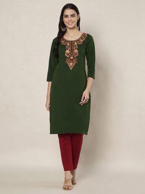 Trend Level Women Embroidered Straight Kurta(Green)