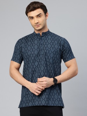 Majestic Man Men Geometric Print Straight Kurta(Dark Blue)