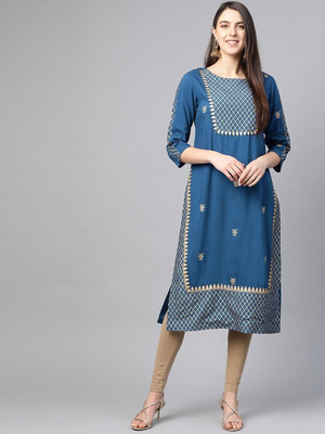 Yash Gallery Women Floral Print Straight Kurta(Blue)