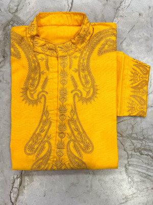 awadhfabric Men Embroidered Straight Kurta(Yellow)