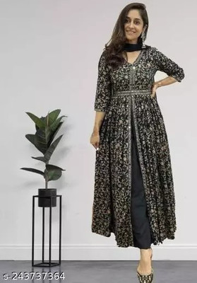 Kritika Enterprise Women Printed, Floral Print, Embellished, Embroidered Frontslit Kurta(Black)