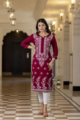 WOMENISHKURTI Women Printed Straight Kurta(Maroon)
