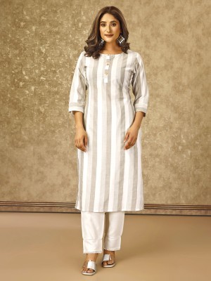 Rudra Enterprise Women Striped Straight Kurta(Grey, White)