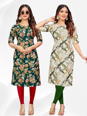 HouseOfCommon Women Printed Straight Kurta(Green, White)