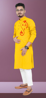 biswass Men Printed Straight Kurta(Yellow)