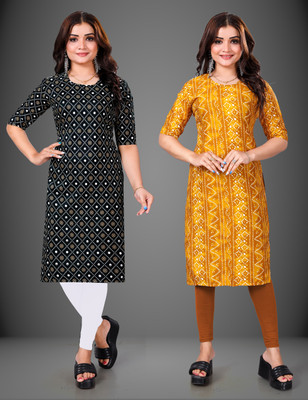 MOBHISA Women Printed Straight Kurta(Yellow)