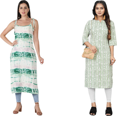 KALLAXI Women Printed Straight Kurta(White, Light Green)