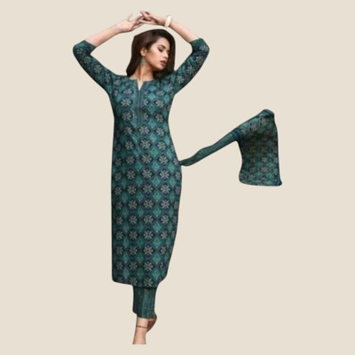 HouseOfCommon Women Printed Straight Kurta(Dark Green)
