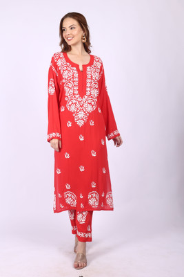 Rumi Chikan Women Chikan Embroidery A-line Kurta(Red)