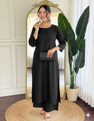 SATRANGIVIBES Women Solid Straight Kurta(Black)
