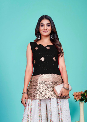 J4 Fab Women Embroidered, Woven Design Straight Kurta(Black)
