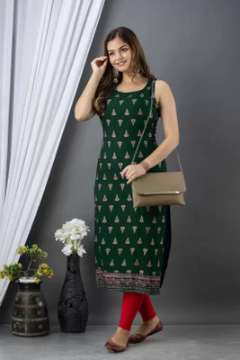 femimode Women Printed Straight Kurta(Dark Green)