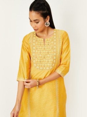 MAX Women Printed Straight Kurta(Yellow, White)