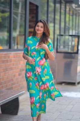 SURMO Women Floral Print Flared Kurta(Green)
