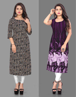 Hiral Creation Women Floral Print Straight Kurta(Purple)