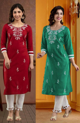 vikshi Women Chikan Embroidery Straight Kurta(Multicolor)