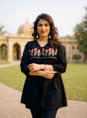 PG Studio Women Embroidered A-line Kurta(Black)
